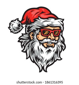 Christmas Santa Claus head vintage concept with red hat and plastic sunglasses on white background isolated vector illustration