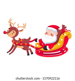 Christmas Santa Claus and his flying sleigh sled and reindeer. Vector illustration in cartoon style. Isolated on white background.