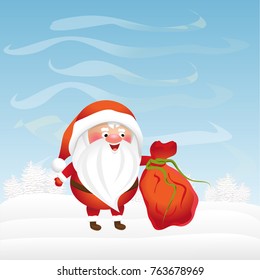 Christmas Santa Claus is holding a big red bag with gifts. Winter morning. Cute vector character.