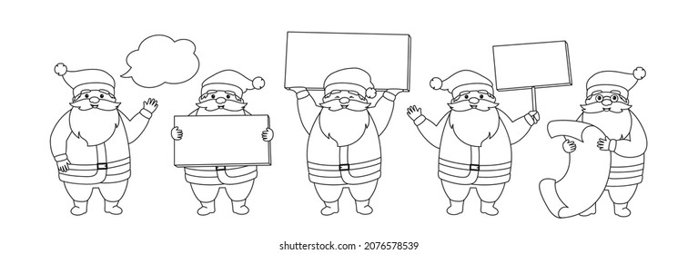 Christmas Santa Claus holding blank sign board copy space. Funny doodle character and advertisement banner set. Happy New Year congratulation or sale, blank banner. Design xmas outline vector