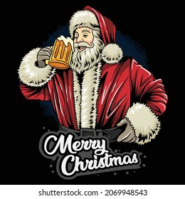 christmas santa claus holding a glass of beer and drinking it at merry christmas party