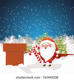 Christmas Santa Claus is holding a red and white candy sticks. The roof of the house and the chimney. Cute vector character.