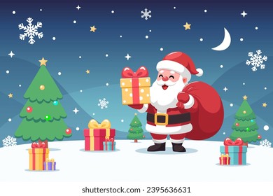 Christmas Santa Claus holding yellow gift box and red sack on night sky background with moon, stars, snowflakes, green trees, presents lying around on the snow ground. Vector cartoon illustration.