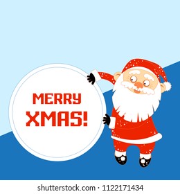 Christmas Santa Claus holds a circle table with congratulation.