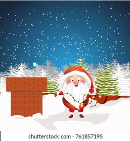 Christmas Santa Claus holds a garland with burning bulbs. The roof of the house and the chimney. Cute vector character.
