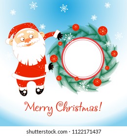 Christmas Santa Claus holds a christmas wreath.