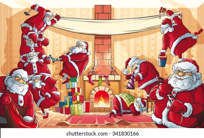 Christmas Santa Claus Invasion.

Many Santa Clauses to issue a large room for the celebration of Christmas and New Year