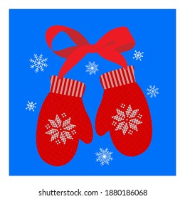 Christmas, Santa Claus knitted red  mittens, gloves with snowflakes and bow. Christmas pattern. Flat vector illustration, isolated object.
