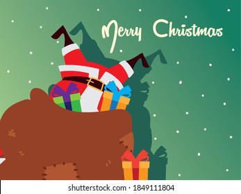 christmas santa claus legs in gift bag cartoon green gradient background vector illustration