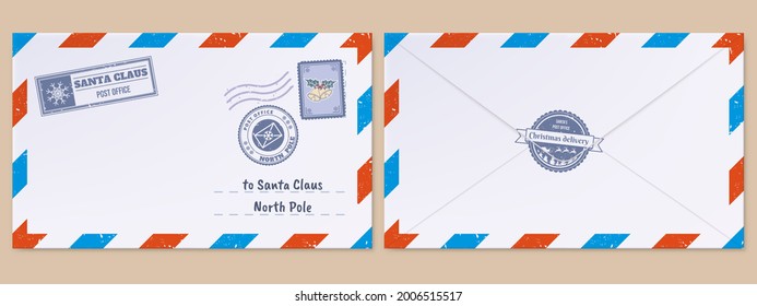 Christmas Santa Claus letter. Xmas holidays wish list letter, mailing envelope with postmarks and stamps vector illustration set. Santa Claus post office mail. Children writing to get gifts