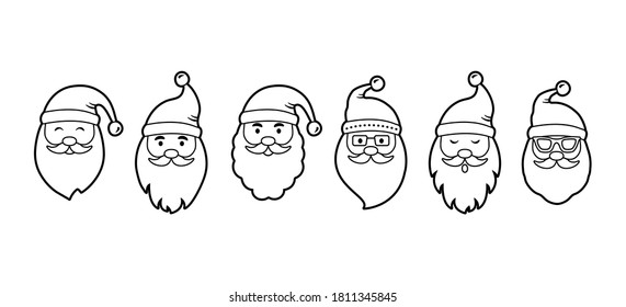 Christmas Santa Claus line face vector icons, cute cartoon character, Santa hat, New Year collection, holiday winter illustration