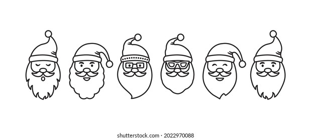 Iconos vectoriales de la línea de Papá Noel de Navidad, lindo personaje de dibujos animados, sombrero de Papá Noel, colección de Año Nuevo, ilustración de invierno de vacaciones