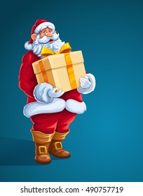 Christmas Santa Claus man with big gift in hands. Merry character the red christmas holiday santa suit holding box golden bow of ribbon. Cartoon vector illustration. Xmas symbol on blue background