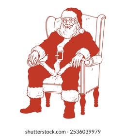 Christmas Santa Claus monochrome sticker with Father Frost sitting in chair in red suit and hat vector illustration