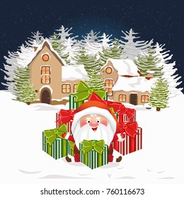 Christmas Santa Claus with a mountain of gifts in the city. Cute vector character.