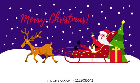 Christmas Santa Claus moving on the sledge with reindeer and gifts - vector illustration