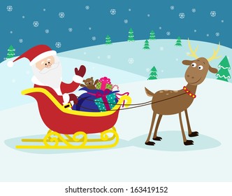 Christmas Santa Claus moving on the sledge with reindeer and gifts - vector illustration