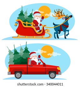 Christmas Santa Claus moving on the sledge with reindeer, Christmas card with driving Santa