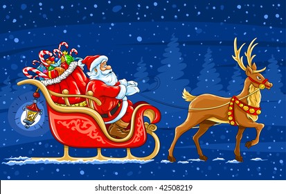 Christmas Santa Claus moving on the sledge with reindeer and gifts - vector illustration