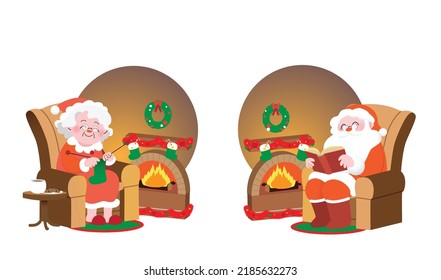 Christmas Santa Claus and Mrs Claus isolated characters sitting in armchair in front of fireplace. Cozy fireplace interior with christmas decorations.