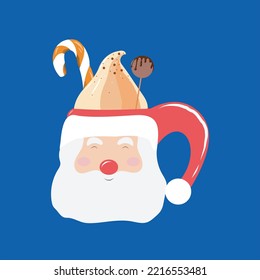 Christmas Santa Claus Mug Sweets Candy Cane Whipped Cream Red Blue Flat Illustration Style Lollipop Delicious Cute Cup