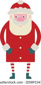 Christmas Santa Claus. New Year Santa dressed in red fur coat, round hat with pom-pom, striped stockings, felt boots, mittens. Cheerful happy character stands and smiling. Merry cute cartoon for kids.