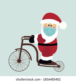 Christmas. Santa Claus on a bicycle. Coronavirus. Vector Illustration