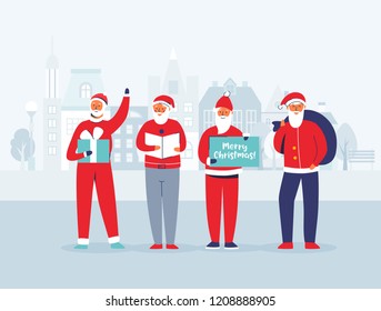 Christmas Santa Claus on Cityscape Background. Cute Flat Winter Holidays Characters. Happy New Year Greeting Card with Santa and Gifts. Vector illustration