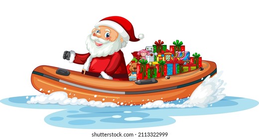 Christmas Santa Claus on inflatable boat with his gifts illustration