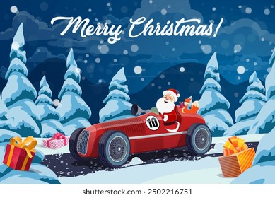 Christmas Santa Claus on race car with gift boxes for winter holiday, cartoon vector background. Merry Christmas greeting card with Santa driving retro red sport car with squirrel on snowy forest road