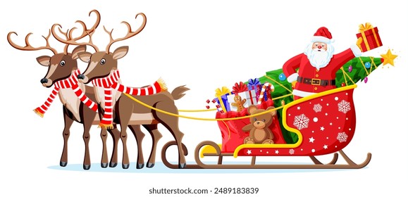 Christmas santa claus on sleigh full of gifts tree and his reindeer. Happy new year decoration. Merry christmas holiday. New year and xmas celebration. Vector illustration in flat style