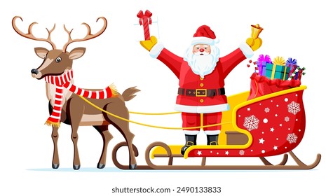 Christmas santa claus on sleigh full of gifts and his reindeer. Happy new year decoration. Merry christmas holiday. New year and xmas celebration. Vector illustration in flat style