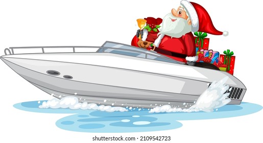 Christmas Santa Claus on speed boat with his gifts illustration