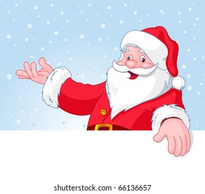 Christmas Santa Claus over blank greeting (place) card with lift hand