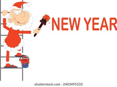 Christmas. Santa Claus paints an inscription New Year.  Cartoon Santa Claus holding climbs on the ladder and paints the word New Year. Isolated on white background