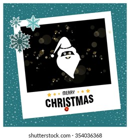 Christmas Santa Claus. photo frame with Santa Claus Hat and creative typography in footer on glowing Vector background