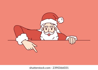 Christmas santa claus points finger at blank banner inviting to celebrate new year holidays together. Christmas offer from santa announcing start of sale with favorable prices on gifts