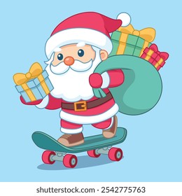 Christmas Santa Claus With Presents On Skate Board