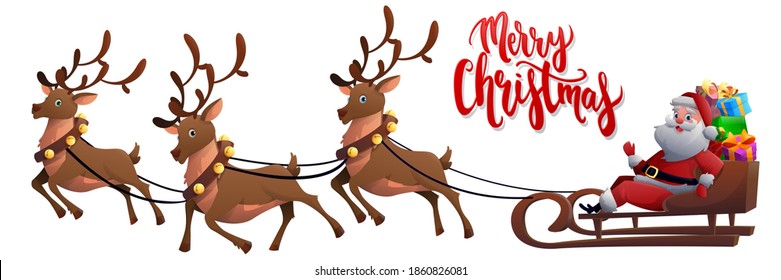 Christmas Santa Claus with presents.  Winter holiday, Christmas and Santa Claus flies in a sleigh with gifts. Christmas night, santa want to send a gift to people. Vector illustration 