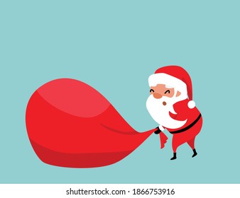 Christmas Santa Claus pulling a huge red bag of gifts with difficulty. Place for your text. Winter holiday mood vector background.