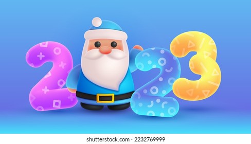 Christmas Santa Claus and purple, yellow, blue numbers 2023 look like 3d rendering in blue background. Happy New Year illustration for postcard, banner, decor, design, arts.