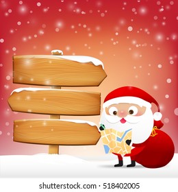 Christmas Santa Claus reading a map with wooden sign blank board and winter snow with copy space vector illustration eps 10