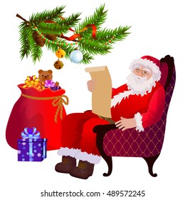 Christmas Santa Claus reads the letter. Nearby is a bag with gifts. Holiday vector illustration.