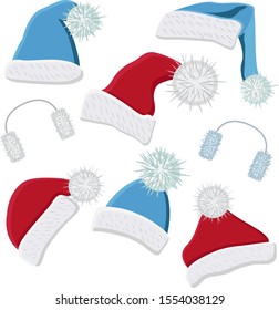 Christmas Santa Claus red and blue hats set. Winter holiday colorful decoration. Cartoon style vector symbol.