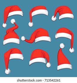 Christmas santa claus red cartoon hats isolated vector set. Santa claus hat, christmas holiday clothing costume cap illustration