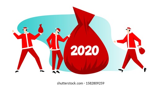 Christmas Santa Claus red hat trendy people. Red suit Santa Claus gift bag vector isolated. Cute cartoon trendy people friend hold bag. Happy friends Christmas character.