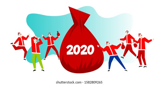 Christmas Santa Claus red hat trendy people. Red suit Santa Claus gift bag vector isolated. Cute cartoon trendy people friend hold bag. Happy friends Christmas character.