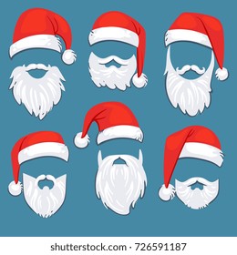 Christmas Santa Claus red hats with white moustache and beards vector set. Santa claus mask with beard for xmas holiday illustration