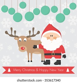 christmas of santa claus and red nosed reindeer, flat design style