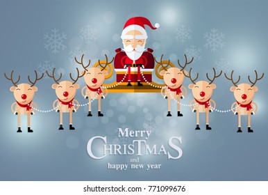 Christmas Santa Claus and reindeer background in flat style.